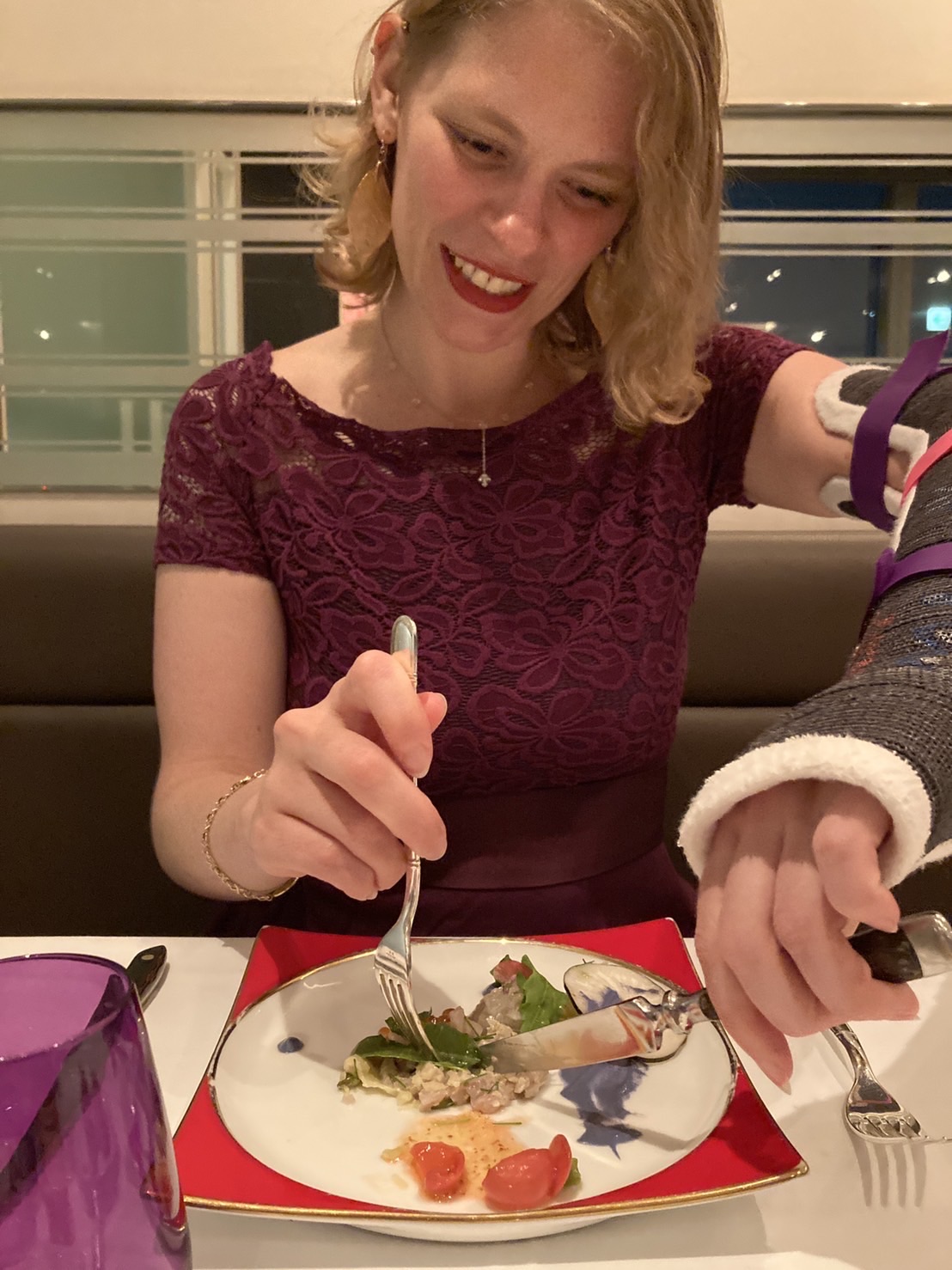 “Using a fork and knife at my fancy belated birthday dinner"